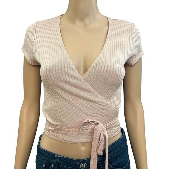 Reformation Petola Ribbed Knit Wrap Top XS Cropped Pink Balletcore Coquette - Picture 1 of 6
